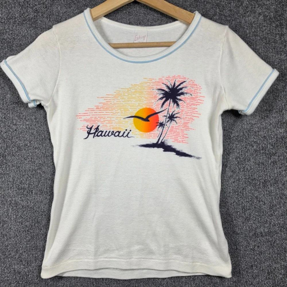 Etchings Hawaii Top Womens Small Vintage 80s Ringer Graphic Tee USA
